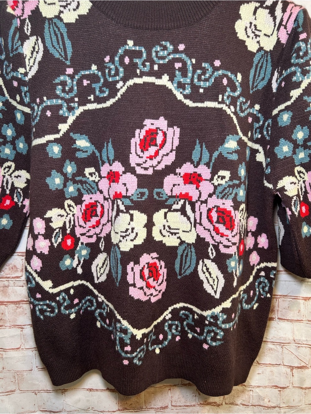 THML Brown Floral Jacquard Rose Short Sleeve Sweater Whimsical Preppy Top Size S - Picture 8 of 9